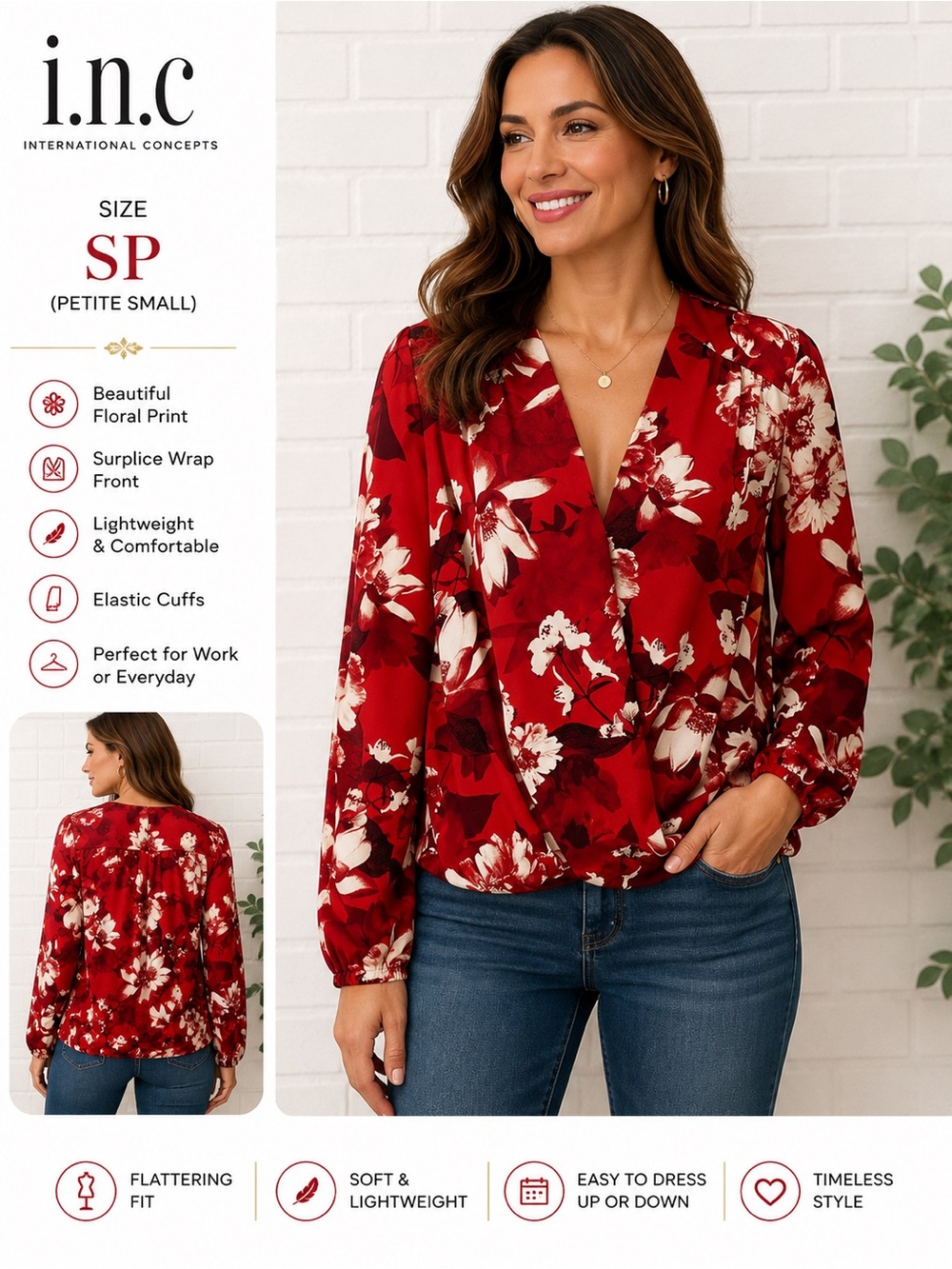 INC women floral v- neck long sleeve red blouse/size SP